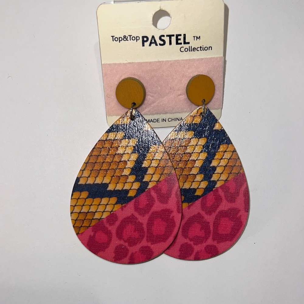 Pastel Collection Blue/Yellow Snakeskin & Pink Leopard Lightweight Wood Earrings